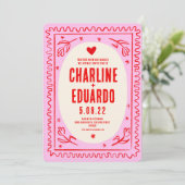 Roze Rode Hand getrokken golvende retro bruiloft Kaart (Staand voorkant)