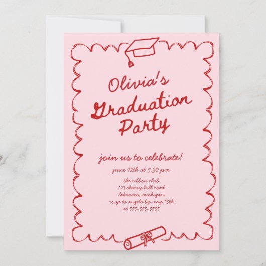 Roze Rode Hand getrokken Graduation Party Kaart (Voorkant)