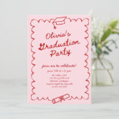 Roze Rode Hand getrokken Graduation Party Kaart (Staand voorkant)