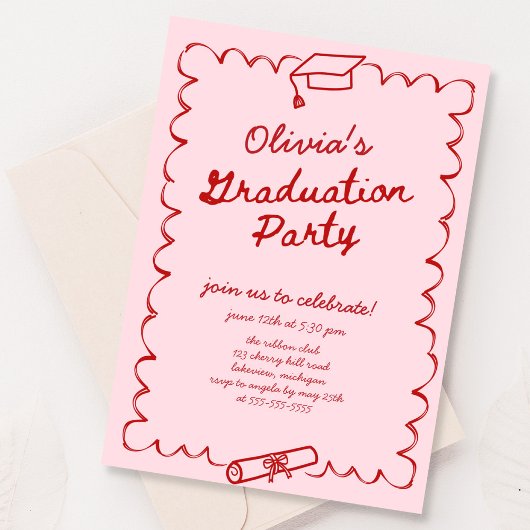 Roze Rode Hand getrokken Graduation Party Kaart