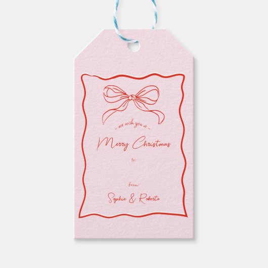 Roze & Rode Hand Getrokken Retro Bow Franse Kerstm Cadeaulabel (Voorkant)