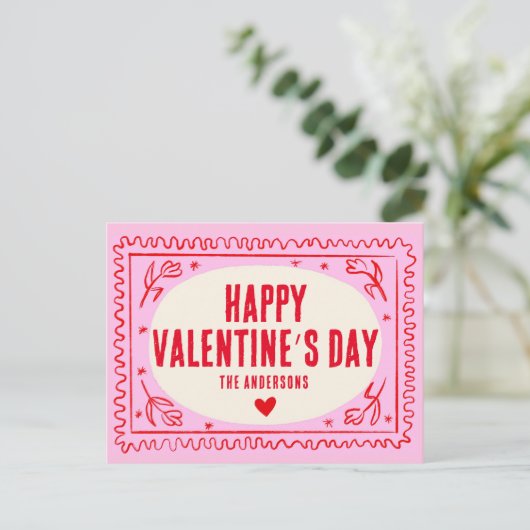 Roze Rode Hand Print Retro Happy Valentijn’s Day Briefkaart (Staand voorkant)