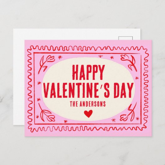 Roze Rode Hand Print Retro Happy Valentijn’s Day Briefkaart (Voorkant / Achterkant)