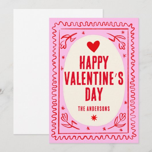 Roze Rode Hand Print Retro Happy Valentijn’s Day Feestdagenkaart (Voorkant / Achterkant)