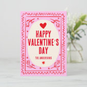 Roze Rode Hand Print Retro Happy Valentijn’s Day Feestdagenkaart (Staand voorkant)