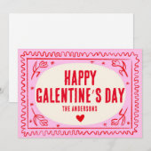 Roze Rode Handdruk Retro Happy Galentine’s Day Feestdagenkaart (Voorkant / Achterkant)
