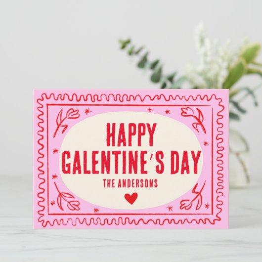 Roze Rode Handdruk Retro Happy Galentine’s Day Feestdagenkaart (Staand voorkant)