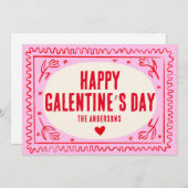 Roze Rode Handdruk Retro Happy Galentine’s Day Feestdagenkaart (Voorkant / Achterkant)
