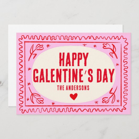 Roze Rode Handdruk Retro Happy Galentine’s Day Feestdagenkaart (Voorkant / Achterkant)