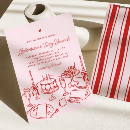 Roze & Rode Hart Galentine's Day Brunch Kaart