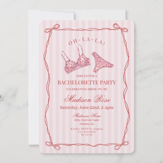 Roze & Rode Hart Ondergoed Bachelorette Feest Kaart (Voorkant)