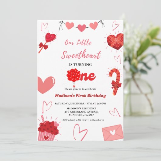 Roze & Rode Hart Valentijn Eerste Verjaardag Kaart (Staand voorkant)