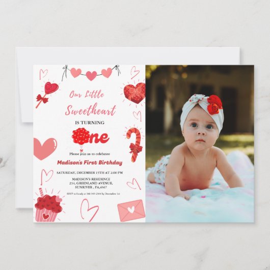 Roze & Rode Hart Valentijn Eerste Verjaardag Kaart (Voorkant)