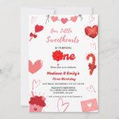 Roze & Rode Hart Valentijn Twin Eerste Verjaardag Kaart (Voorkant)