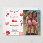 Roze & Rode Hart Valentijn Twin Eerste Verjaardag Kaart (Voorkant)