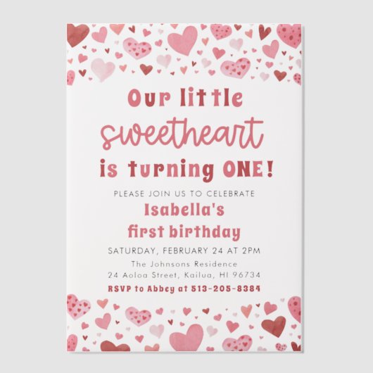 Roze Rode Harten Kleine Liefje Eerste Verjaardag Vellum Uitnodigingen (Voorkant)