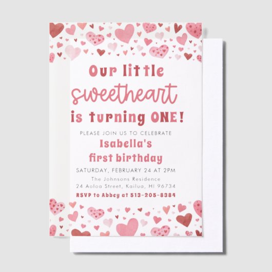 Roze Rode Harten Kleine Liefje Eerste Verjaardag Vellum Uitnodigingen (Offset)