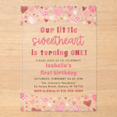 Roze Rode Harten Kleine Zoetje Eerste Verjaardag Acryl Uitnodigingen (Voorkant)