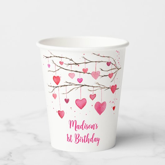 Roze rode harten lieverd verjaardag papieren bekers (Achterkant)