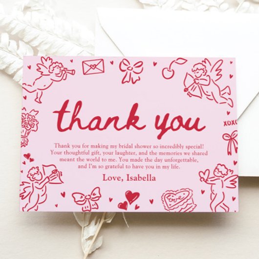 Roze Rode Harten Met de Hand Getekende Valentijn B Bedankkaart