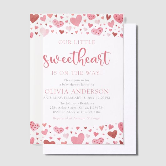Roze Rode Harten Onze Kleine Liefje Baby Shower Vellum Uitnodigingen (Offset)