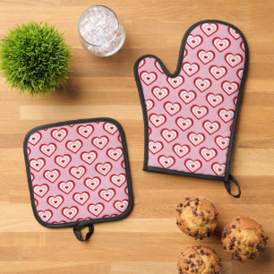 Roze rode harten patroon ovenwant & pannenlap set