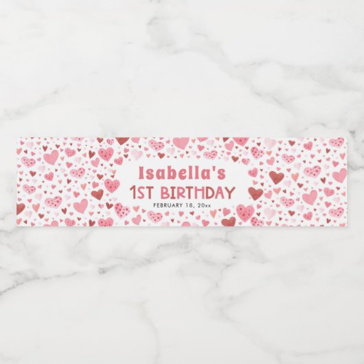 Roze Rode Harten Valentijn Eerste Verjaardagsfeest Waterfles Etiket (Enkel label)