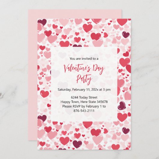 Roze Rode Harten Valentijnsdag Feest Uitnodiging (Voorkant / Achterkant)
