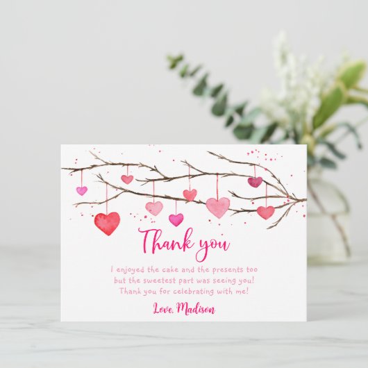 Roze Rode Harten Verjaardag Bedankkaart (Staand voorkant)