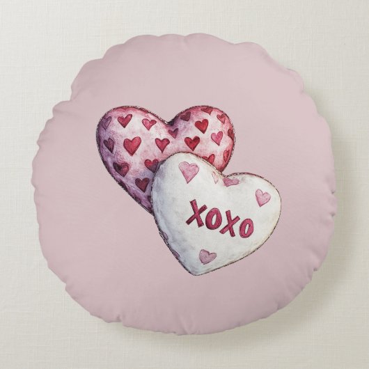 Roze Rode Harten XOXO Rond Kussen (Voorkant)