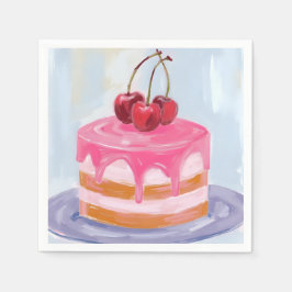 Roze Rode Kersen Cake Aquarel Schilderij Servet