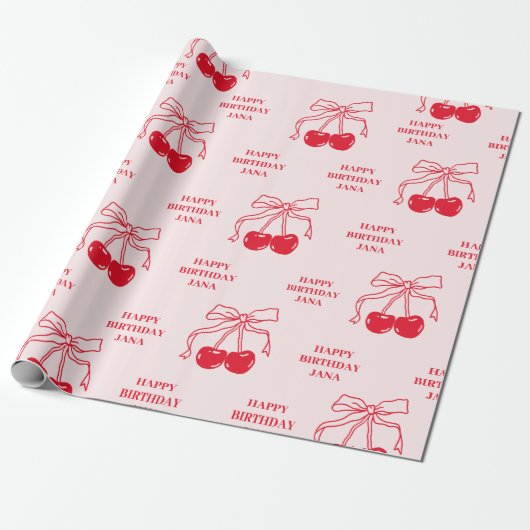 Roze & Rode Kersen Gelukkige Verjaardag Cadeaupapier (Uitgerold)