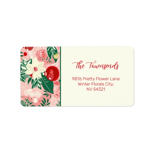 Roze Rode Kerst Bloemen Retour Adres Label (Voorkant)