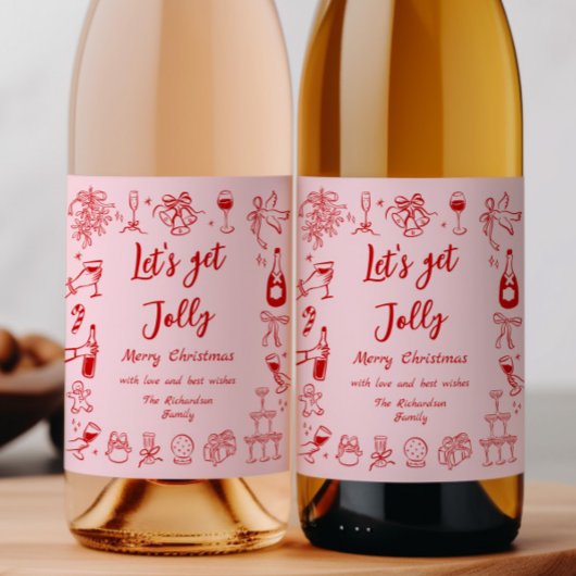 Roze Rode Kerst Wijnfles Label Drink Doodles Wijn Etiket