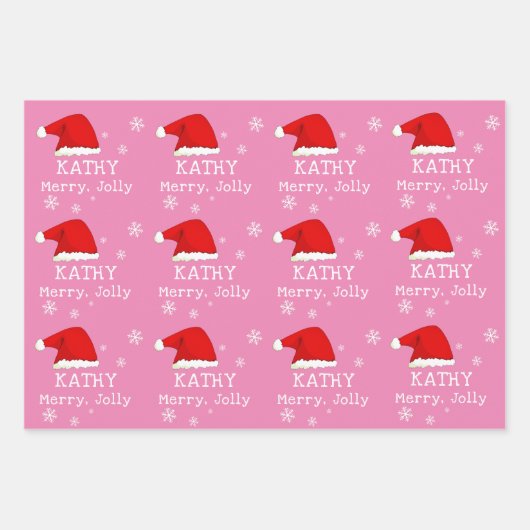 Roze rode kerstman met snowflake Merry Jolly Kinde Inpakpapier Vel (Voorkant 3)