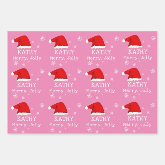 Roze rode kerstman met snowflake Merry Jolly Kinde Inpakpapier Vel (Voorkant 2)