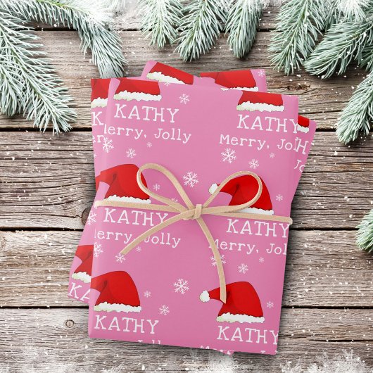 Roze rode kerstman met snowflake Merry Jolly Kinde Inpakpapier Vel