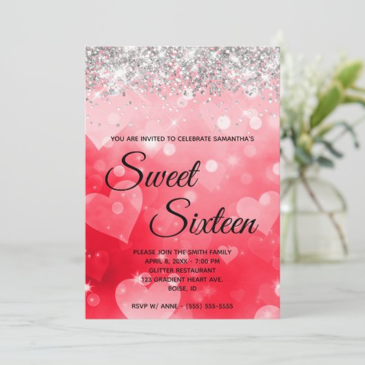 Roze rode kruis gradiënt Silver Glitter Sweet 16 Kaart (Staand voorkant)