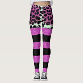 Roze rode luipaard en zwarte roze strips leggings