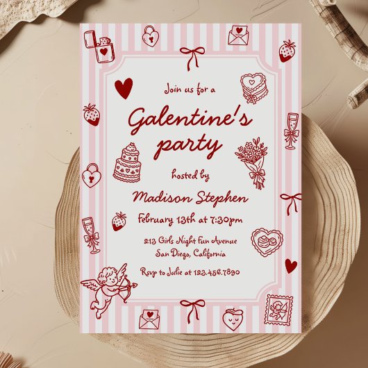 Roze Rode Met De Hand Getekende Galentine's Feest Kaart