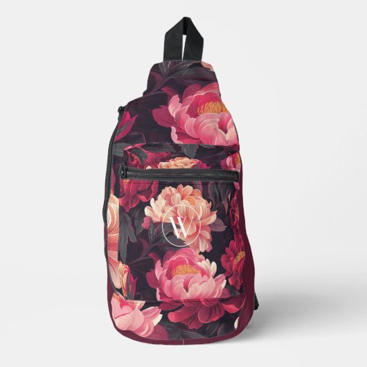 Roze rode natuur bloem  patroon, monogram sling bag (Voorkant)