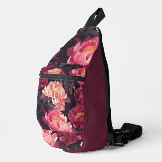 Roze rode natuur bloem  patroon, monogram sling bag (Rechterhoek)