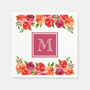 Roze rode Oranje bloemen monogrammen Servet