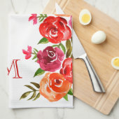 Roze rode Oranje bloemen monogrammen Theedoek (Quarter Fold)