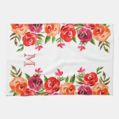 Roze rode Oranje bloemen monogrammen Theedoek (Horizontaal)
