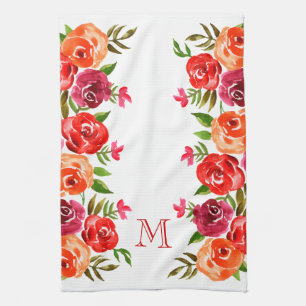 Roze rode Oranje bloemen monogrammen Theedoek