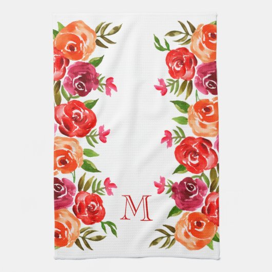 Roze rode Oranje bloemen monogrammen Theedoek (Verticaal)