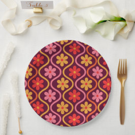 roze rode oranje bloemen op vintage ogee patroon  papieren bordje