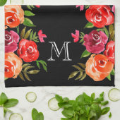 Roze rode Oranje bloemen op zwart Theedoek (Gevouwen)