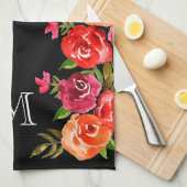 Roze rode Oranje bloemen op zwart Theedoek (Quarter Fold)